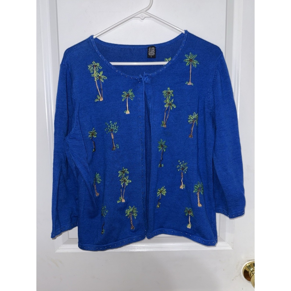 Ladies Blue Palm Tree Cardigan Size Large Vintage Button Up